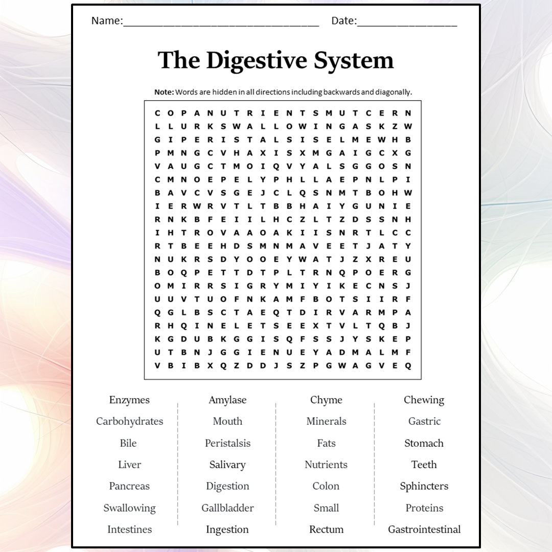 The Digestive System Word Search Puzzle Worksheet Activity PDF