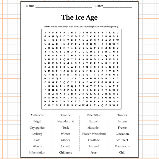 The Ice Age Word Search Puzzle Worksheet Activity PDF