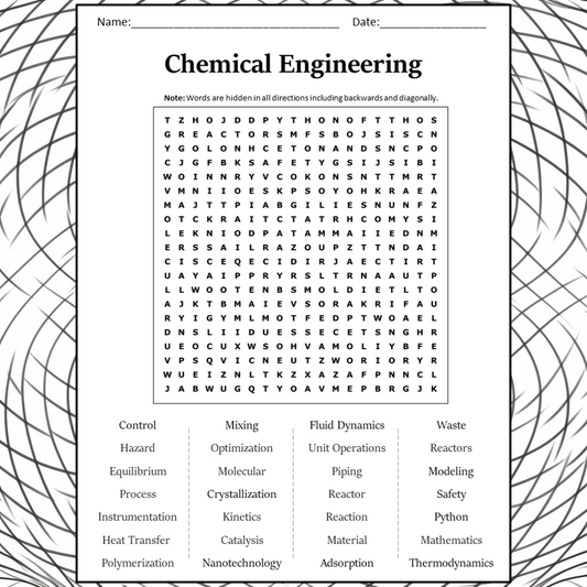 Chemical Engineering Word Search Puzzle Worksheet Activity PDF