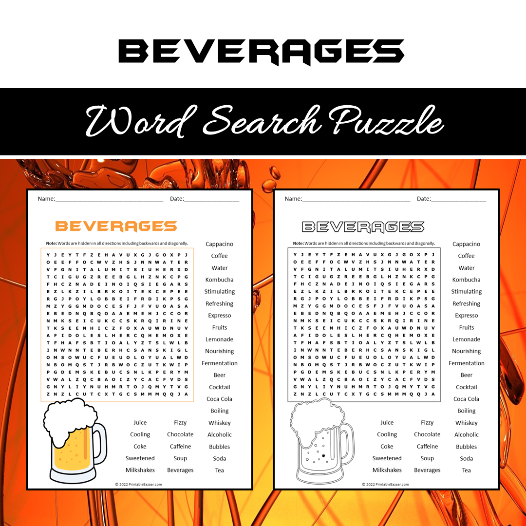 Beverages Word Search Puzzle Worksheet PDF