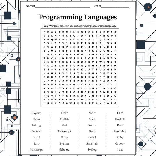 Programming Languages Word Search Puzzle Worksheet Activity PDF