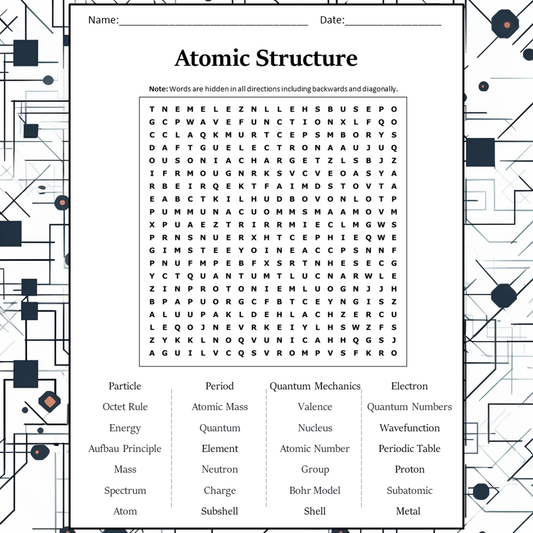 Atomic Structure Word Search Puzzle Worksheet Activity PDF