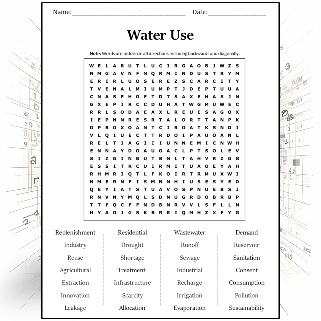 Water Use Word Search Puzzle Worksheet Activity PDF