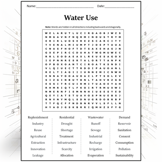 Water Use Word Search Puzzle Worksheet Activity PDF