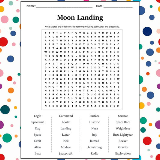 Moon Landing Word Search Puzzle Worksheet Activity PDF