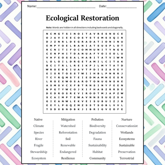 Ecological Restoration Word Search Puzzle Worksheet Activity PDF