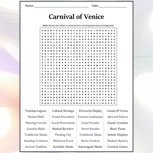 Carnival Of Venice Word Search Puzzle Worksheet Activity PDF