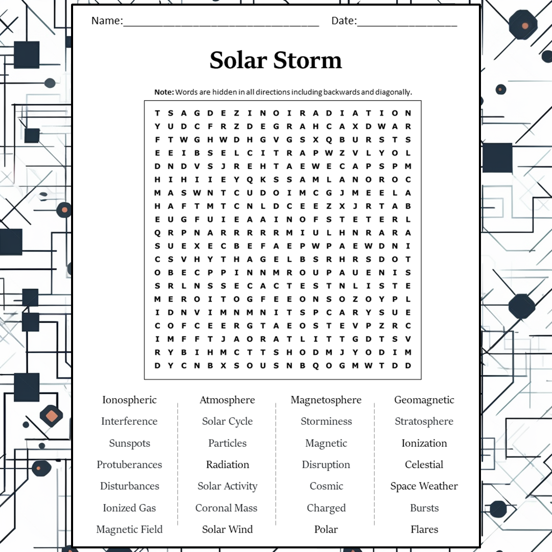 Solar Storm Word Search Puzzle Worksheet Activity PDF