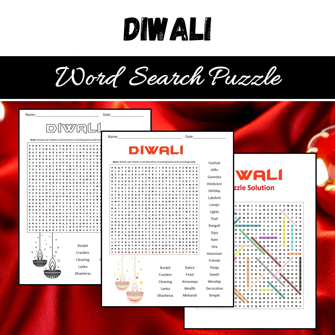 Diwali Word Search Puzzle Worksheet PDF