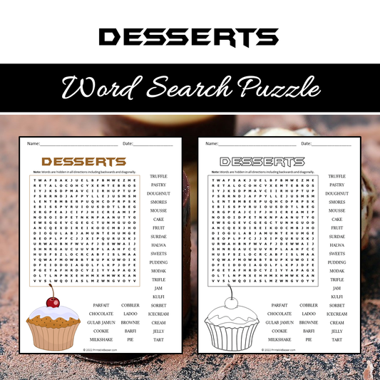 Desserts Word Search Puzzle Worksheet PDF