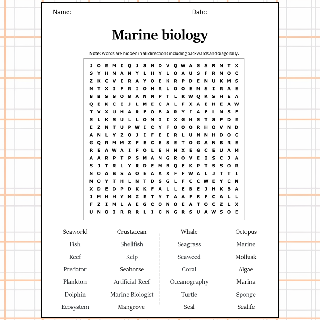 Marine Biology Word Search Puzzle Worksheet Activity PDF