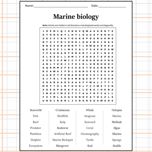 Marine Biology Word Search Puzzle Worksheet Activity PDF