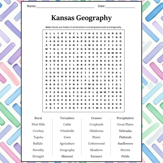 Kansas Geography Word Search Puzzle Worksheet Activity PDF