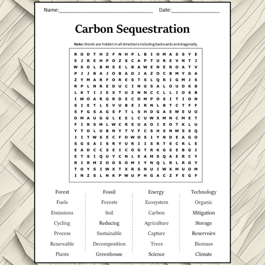 Carbon Sequestration Word Search Puzzle Worksheet Activity PDF