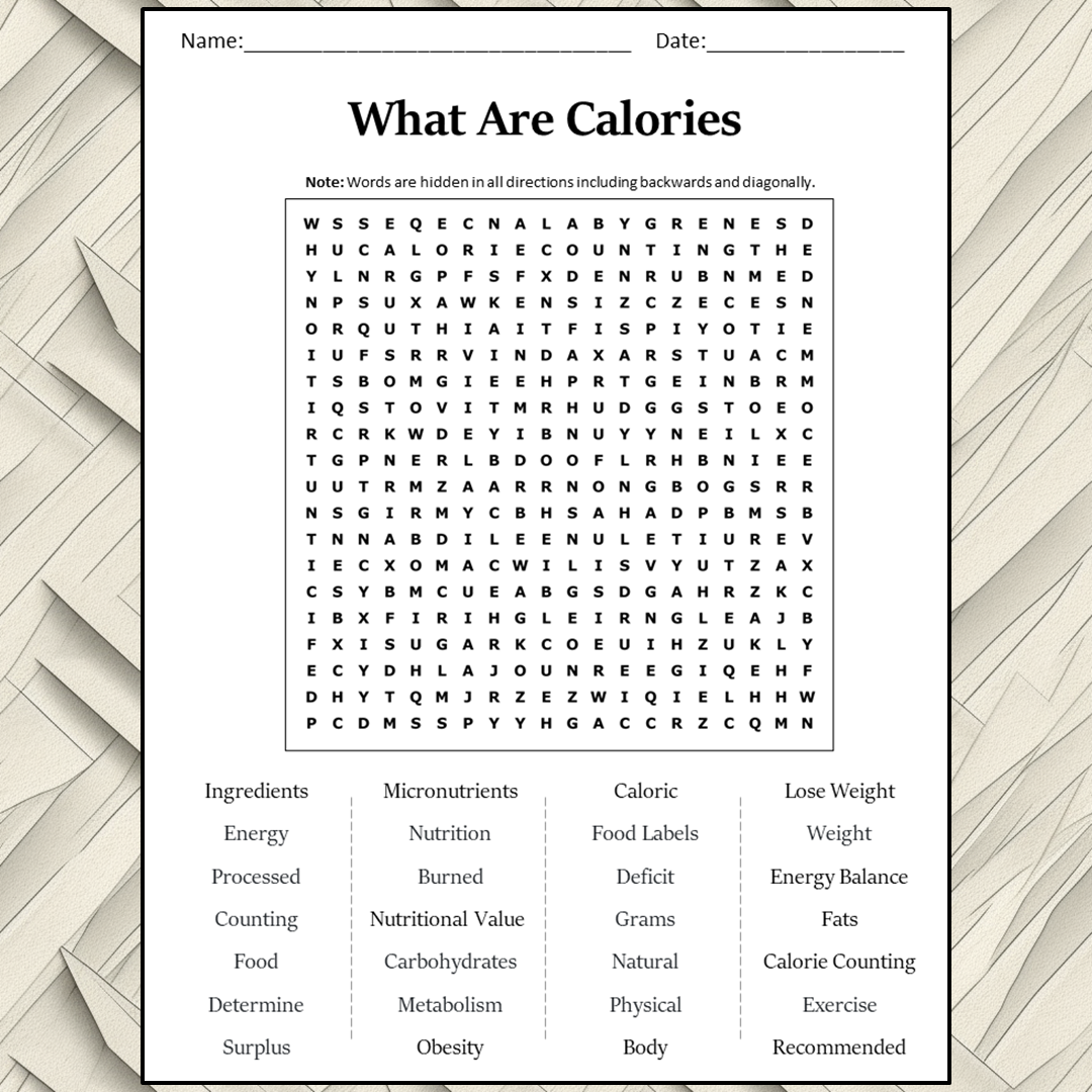 What Are Calories Word Search Puzzle Worksheet Activity PDF