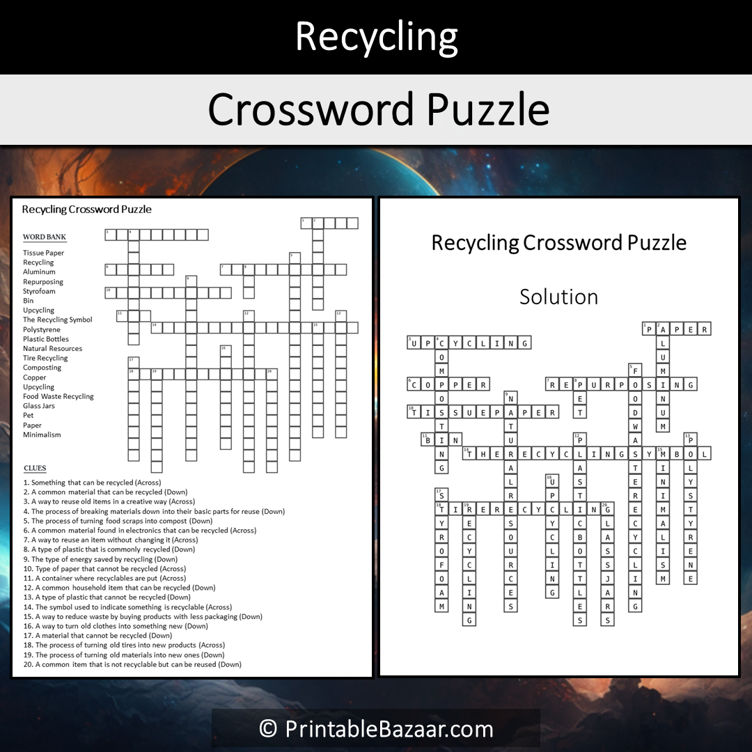 Recycling Crossword Puzzle Worksheet Activity Printable PDF