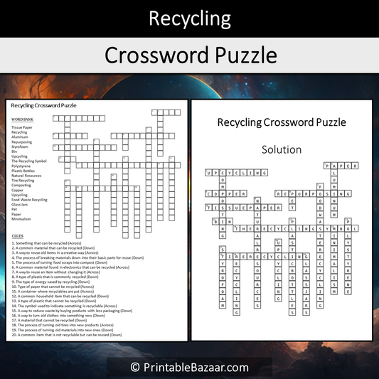 Recycling Crossword Puzzle Worksheet Activity Printable PDF