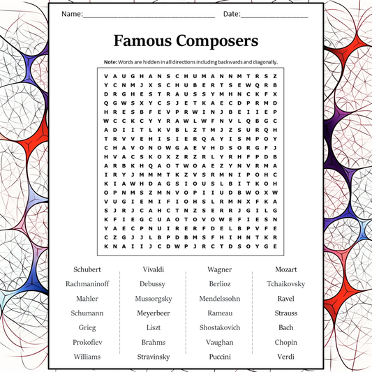 Famous Composers Word Search Puzzle Worksheet Activity PDF