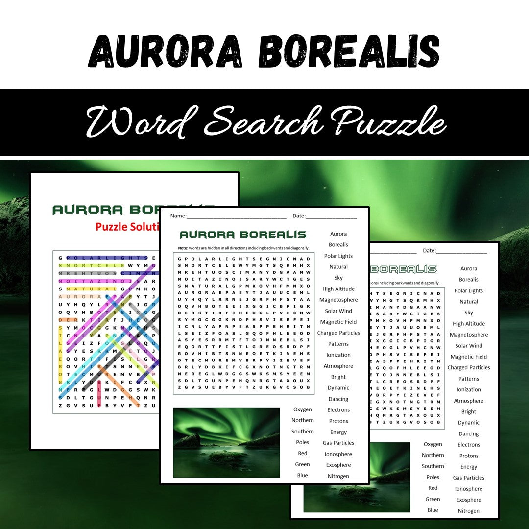 Aurora Borealis (Northern Lights) Word Search Puzzle Worksheet PDF
