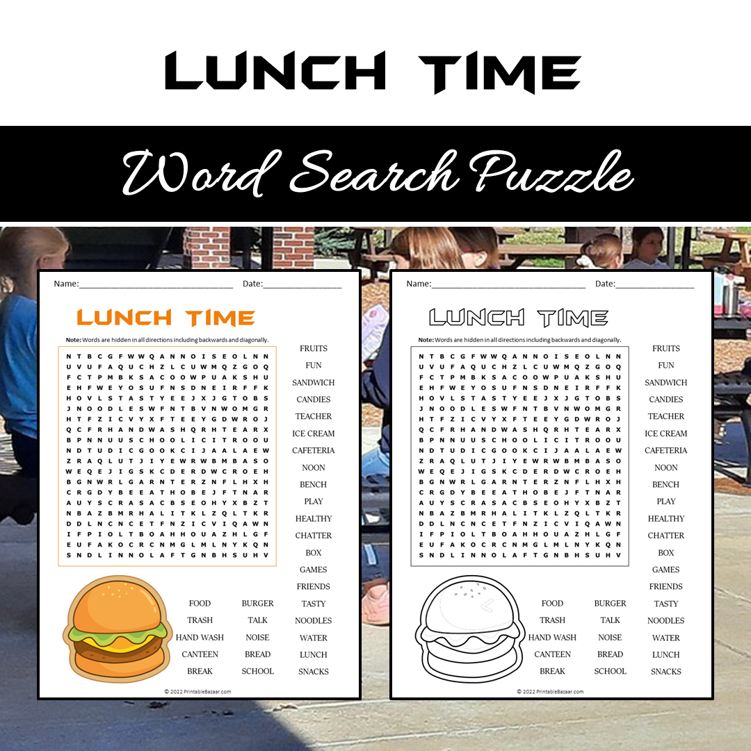 Lunch Time Word Search Puzzle Worksheet PDF