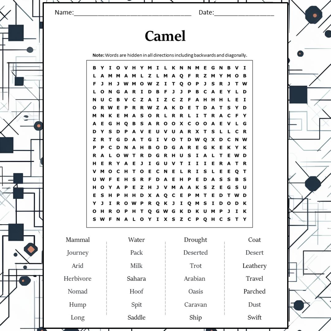 Camel Word Search Puzzle Worksheet Activity PDF