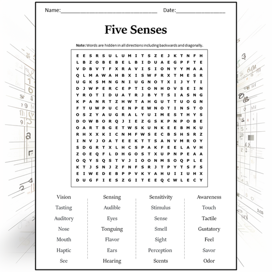 Five Senses Word Search Puzzle Worksheet Activity PDF