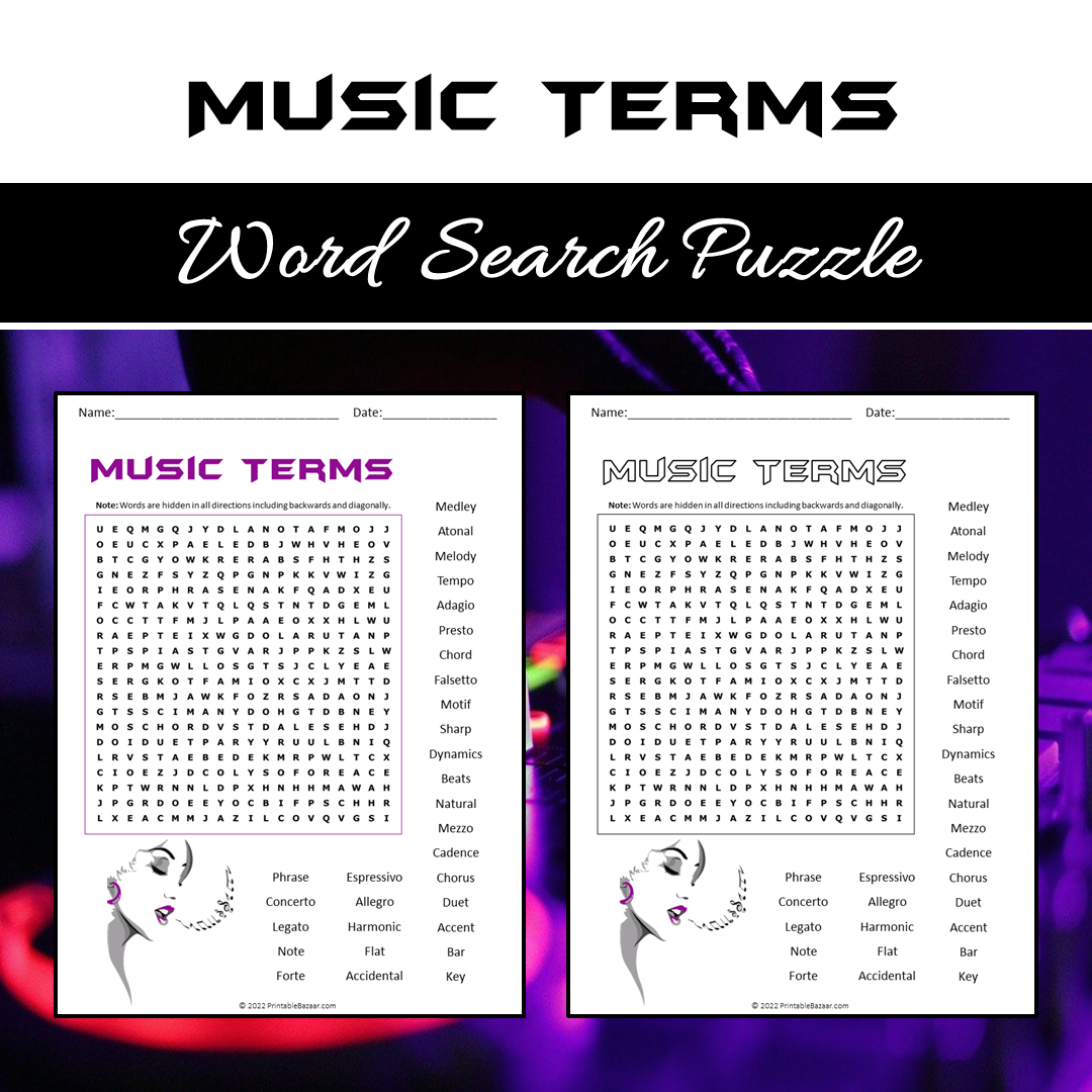 Music Terms Word Search Puzzle Worksheet PDF