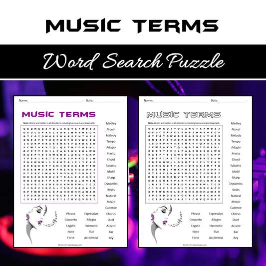 Music Terms Word Search Puzzle Worksheet PDF