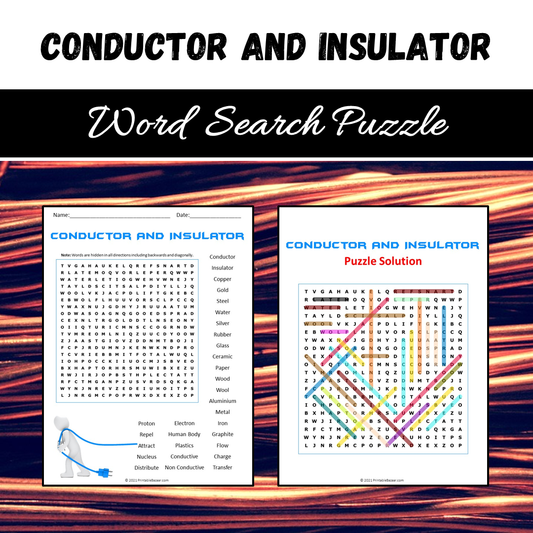 Conductor And Insulator Word Search Puzzle Worksheet PDF