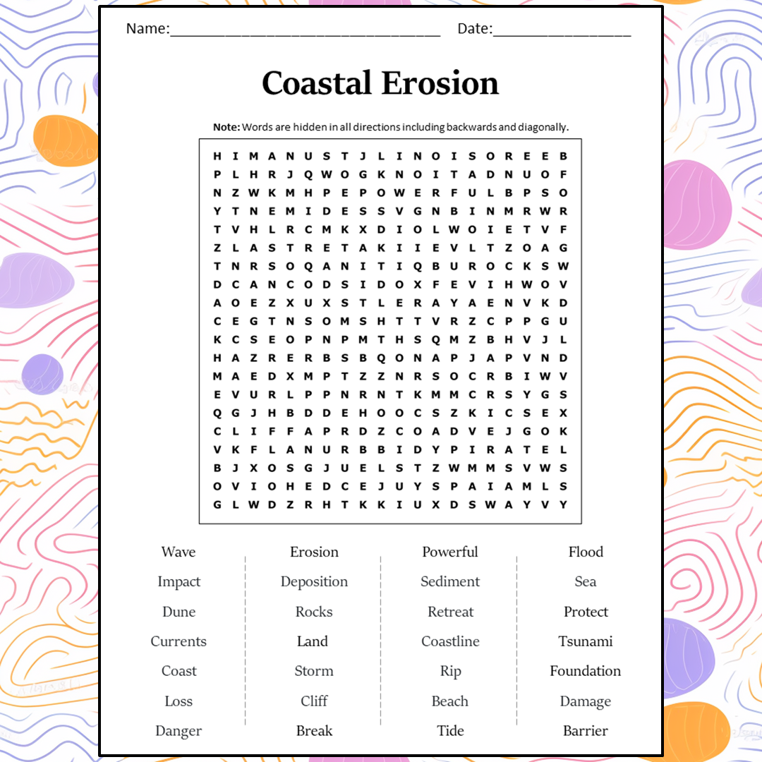 Coastal Erosion Word Search Puzzle Worksheet Activity PDF