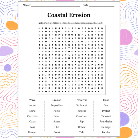 Coastal Erosion Word Search Puzzle Worksheet Activity PDF