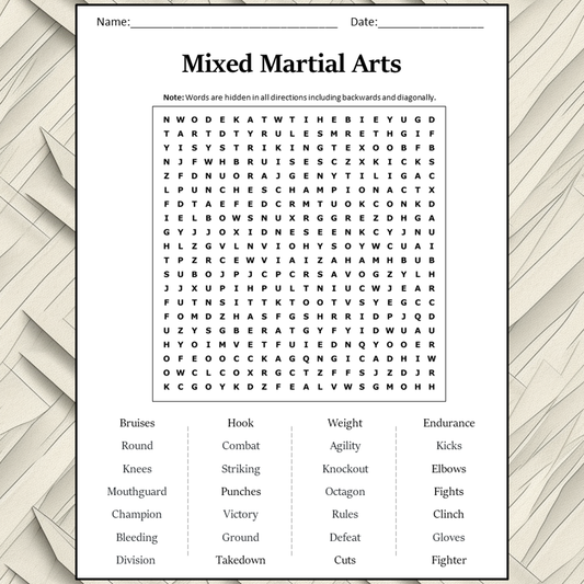 Mixed Martial Arts Word Search Puzzle Worksheet Activity PDF