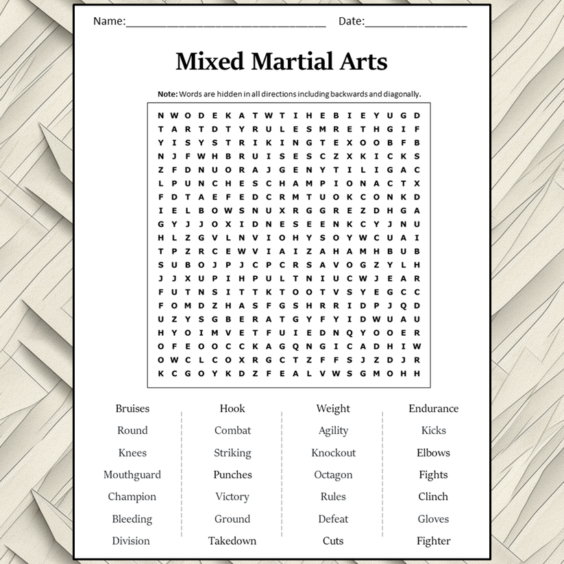 Mixed Martial Arts Word Search Puzzle Worksheet Activity PDF PrintableBazaar