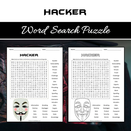 Hacker Word Search Puzzle Worksheet PDF