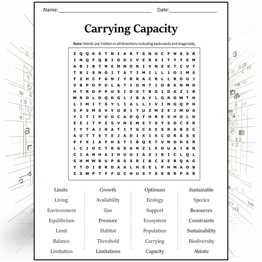 Carrying Capacity Word Search Puzzle Worksheet Activity PDF