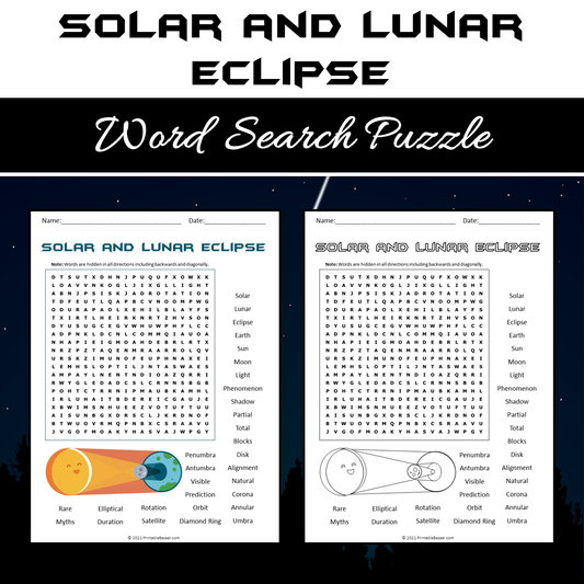 Solar And Lunar Eclipse Word Search Puzzle Worksheet PDF