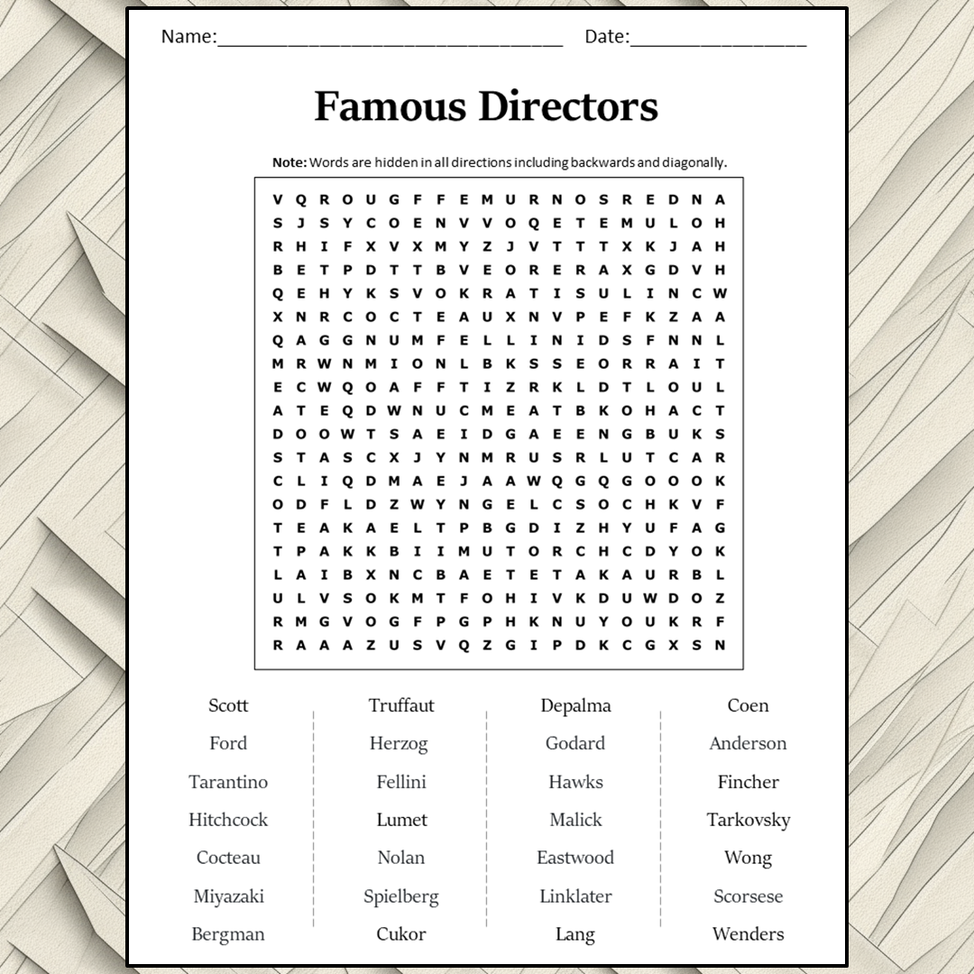 Famous Directors Word Search Puzzle Worksheet Activity PDF