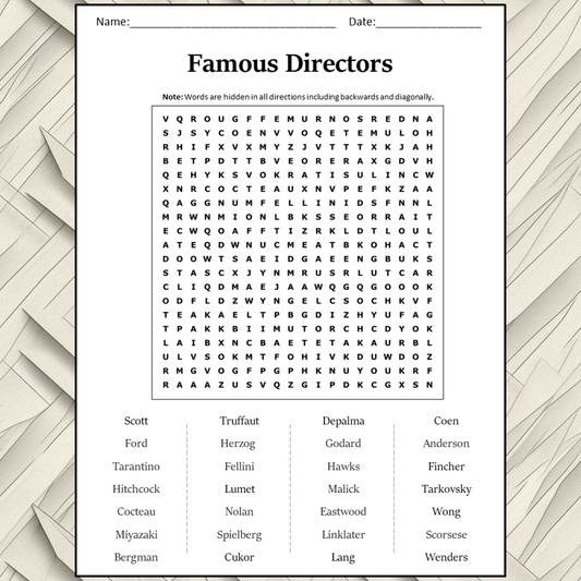 Famous Directors Word Search Puzzle Worksheet Activity PDF