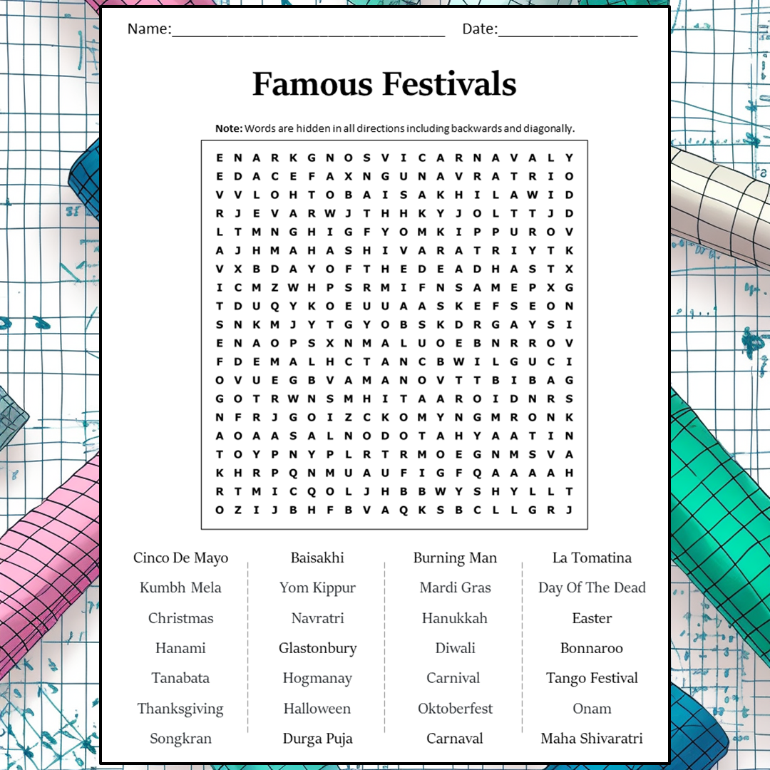 Famous Festivals Word Search Puzzle Worksheet Activity PDF