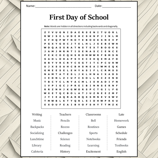 First Day Of School Word Search Puzzle Worksheet Activity PDF