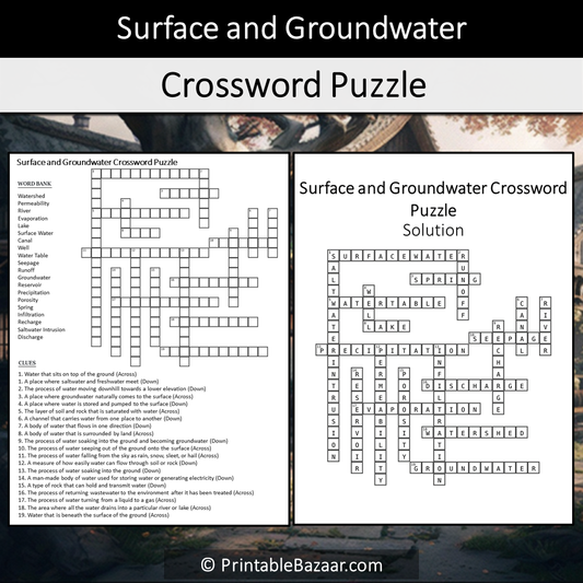 Surface And Groundwater Crossword Puzzle Worksheet Activity Printable PDF