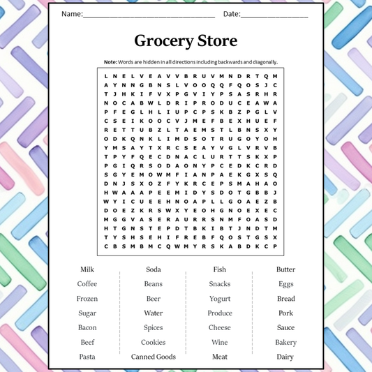 Grocery Store Word Search Puzzle Worksheet Activity PDF