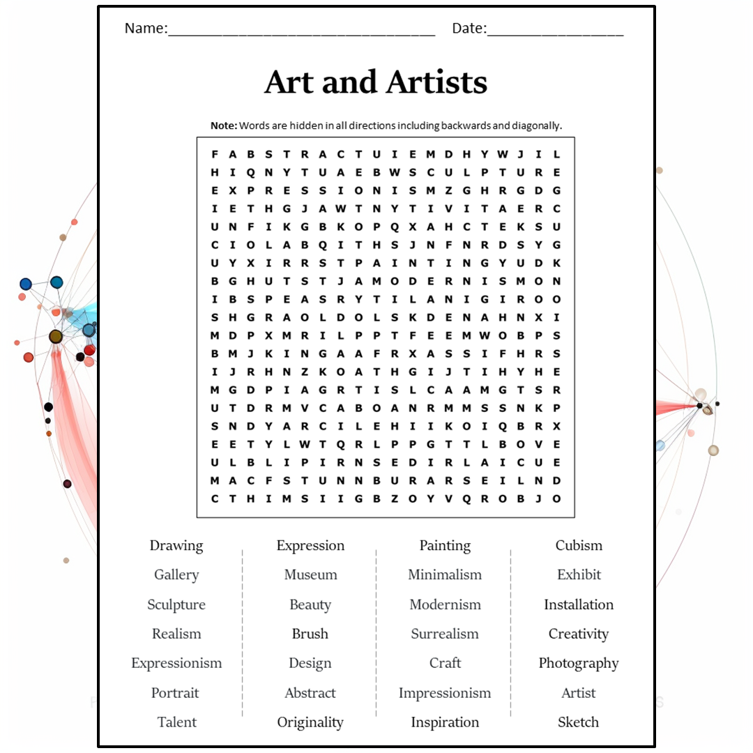 Art And Artists Word Search Puzzle Worksheet Activity PDF