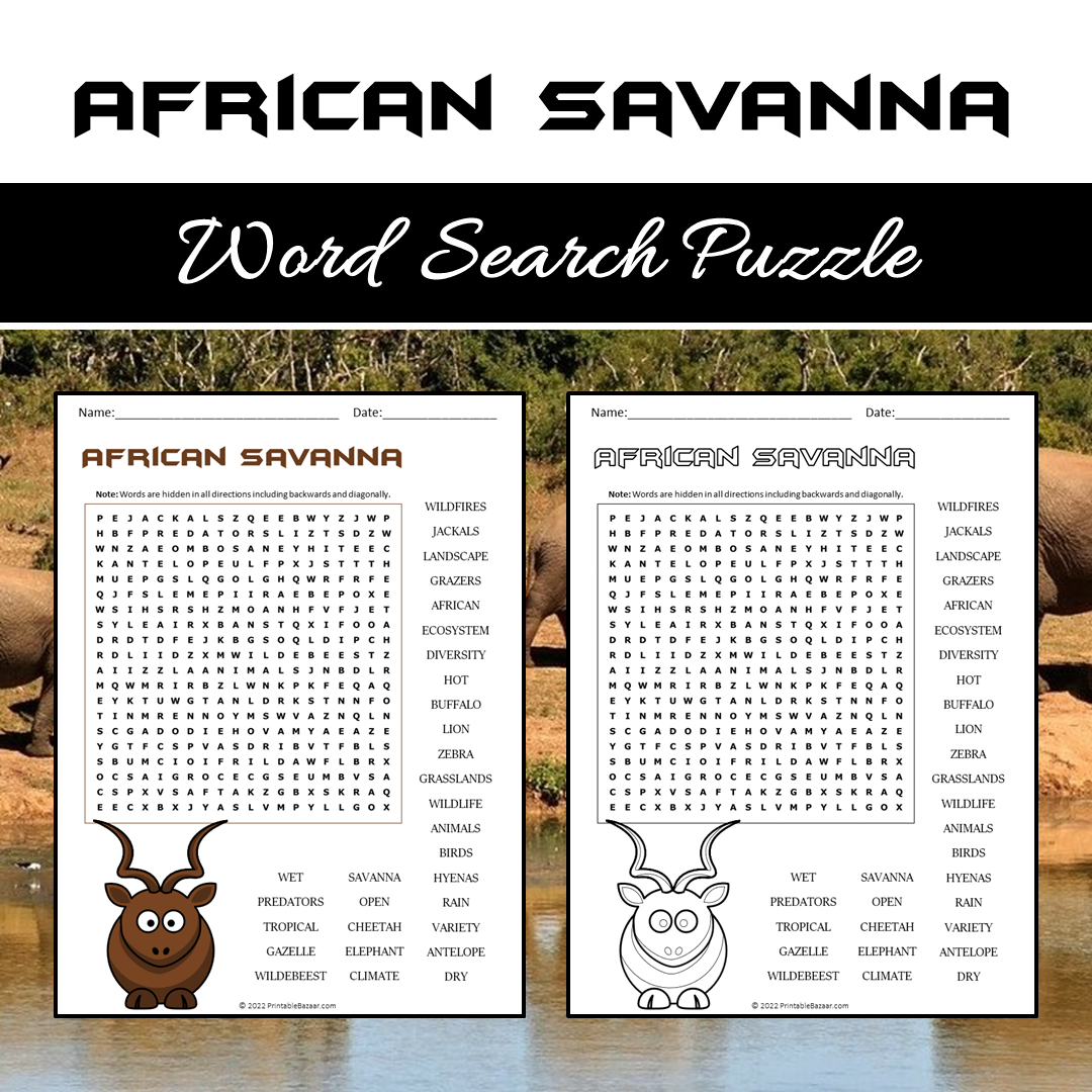 African Savanna Word Search Puzzle Worksheet PDF
