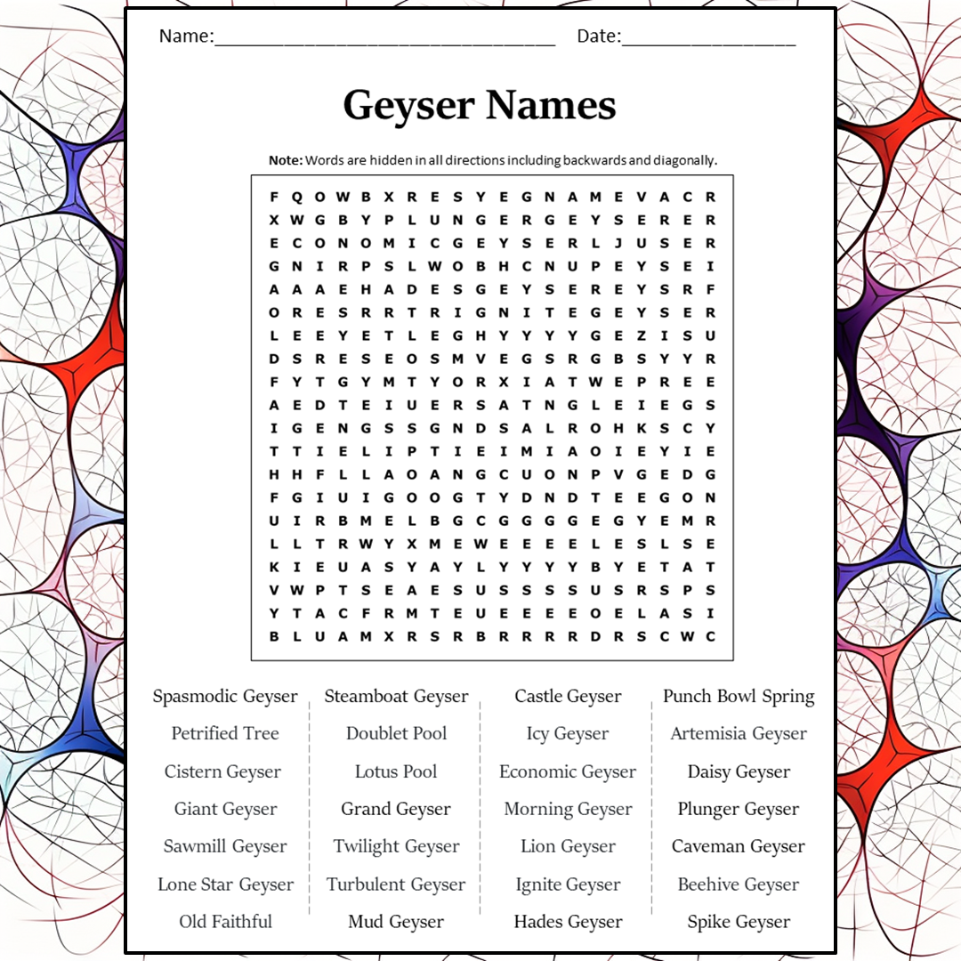 Geyser Names Word Search Puzzle Worksheet Activity PDF