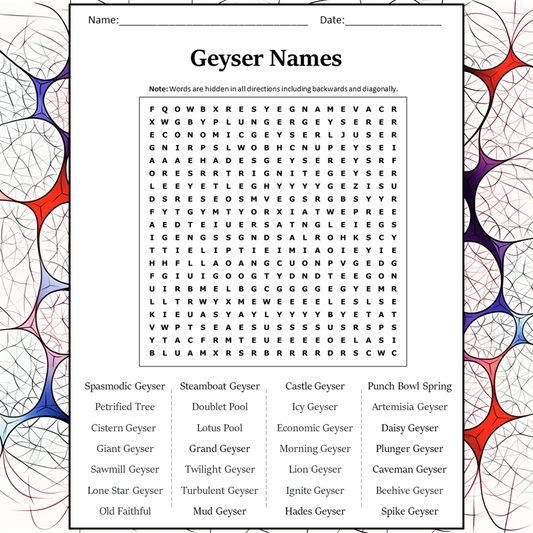 Geyser Names Word Search Puzzle Worksheet Activity PDF