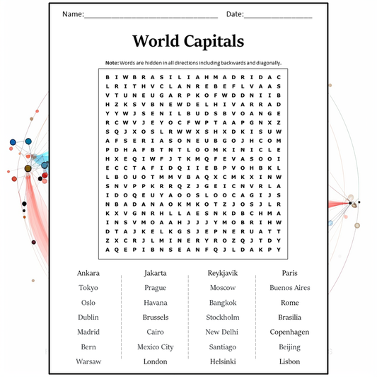 World Capitals Word Search Puzzle Worksheet Activity PDF