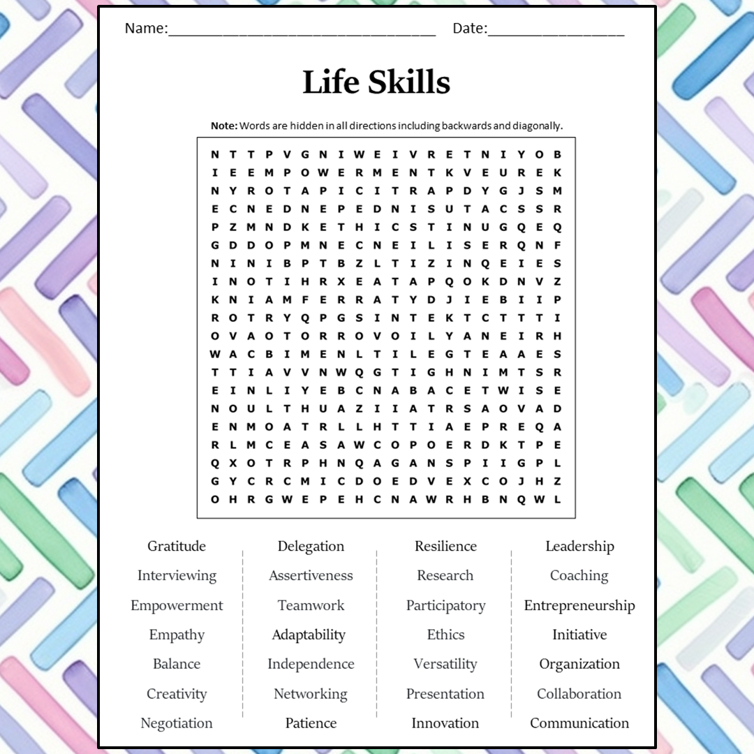 Life Skills Word Search Puzzle Worksheet Activity PDF