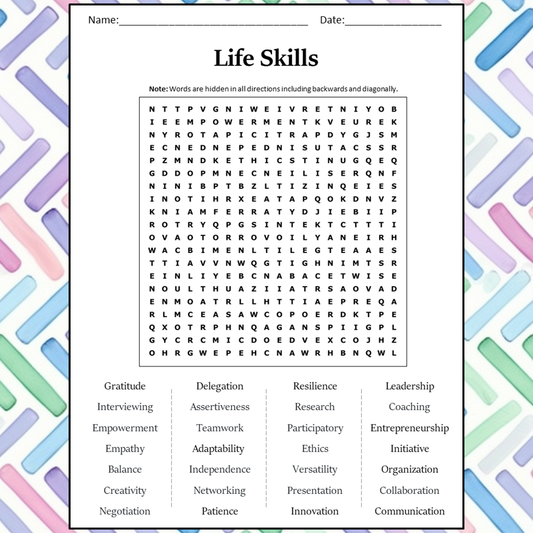 Life Skills Word Search Puzzle Worksheet Activity PDF