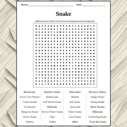 Snake Word Search Puzzle Worksheet Activity PDF